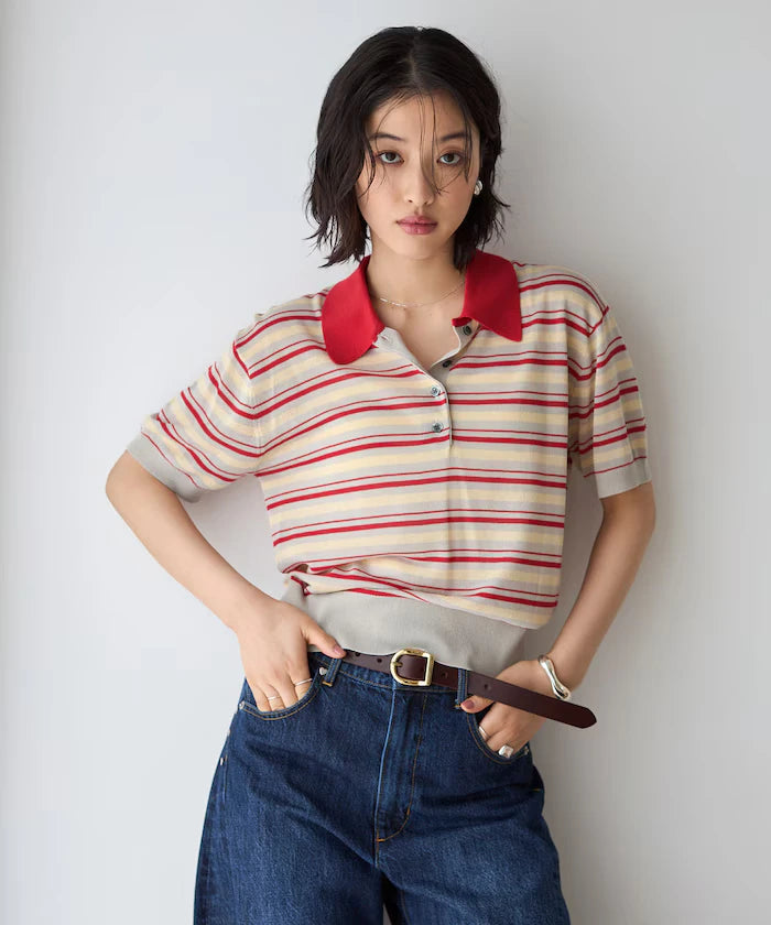 Relaxed Fit Color Design Polo Knit / Bicolor / Multi Stripe