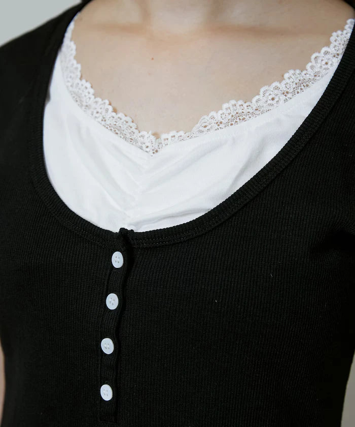 Short Sleeve Lace Layered Style Henley Neck T-Shirt Limited Edition