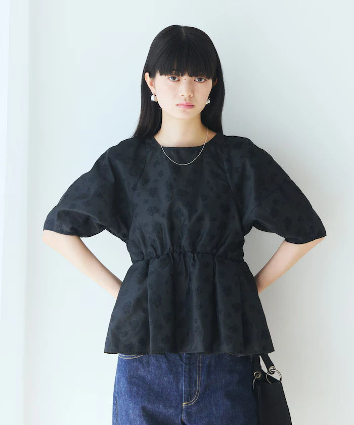 Flower Sheer Jacquard Volume Sleeve Peplum Blouse / 5 Minutes Sleeve