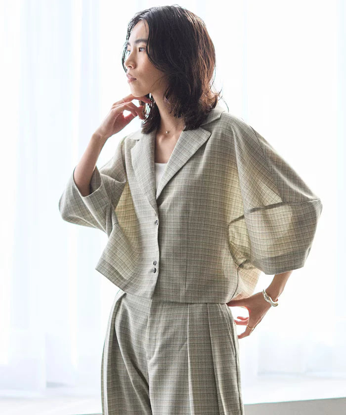 Collar Check Balloon Sleeve Shirt / Compatible with Setup