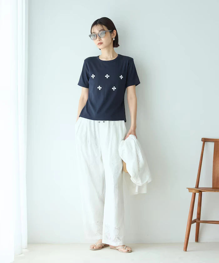 Shell Button Flower Motif Cotton Modal T-Shirt