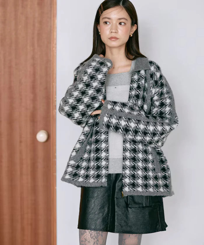 Wool Blend Gancube Check Knit Zip Blouson