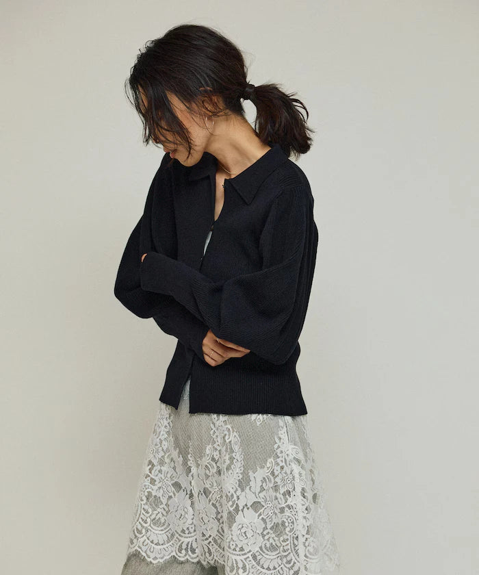 Functional material silk blend knit polo volume sleeve knit cardigan / anti-pill / machine washable