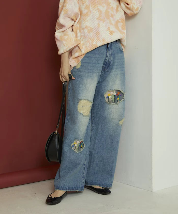 Flower Embroidery Wide Denim