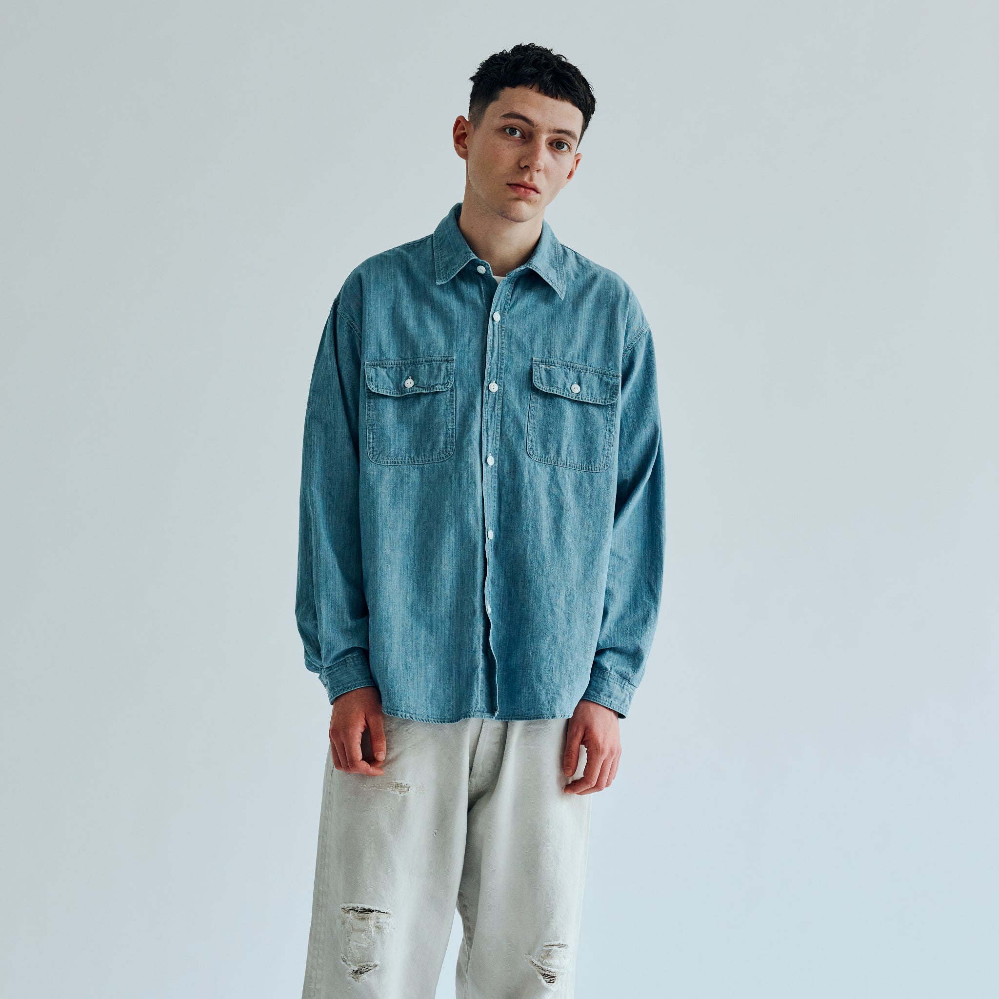 GL29189H / BLUE CHAMBRAY WORK SHIRT "gold" PRINTED