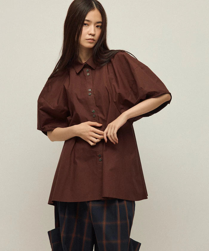 Switching Design Balloon Sleeve Shirt / 5-Minute Sleeve Blouse