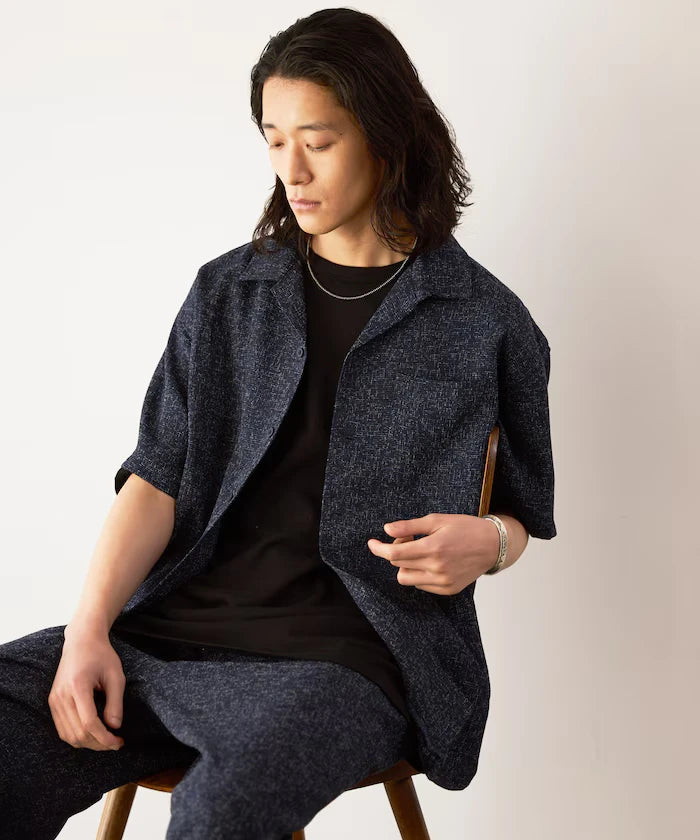 Dry Touch Summer Tweed Short Sleeve Open Collar Shirt