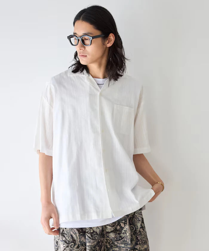 Jacquard Relaxed Fit Open Collar Short Sleeve Shirt Semi-Sheer Dobby Weave