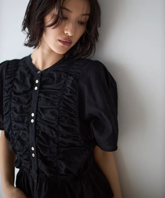 Sheer Shirring Volume Sleeve Blouse / 5 Short Sleeves
