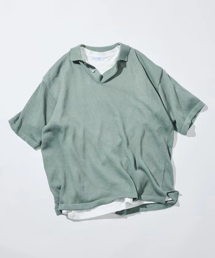 Sheer Knit Polo Shirt & Cotton T-Shirt Layered Set
