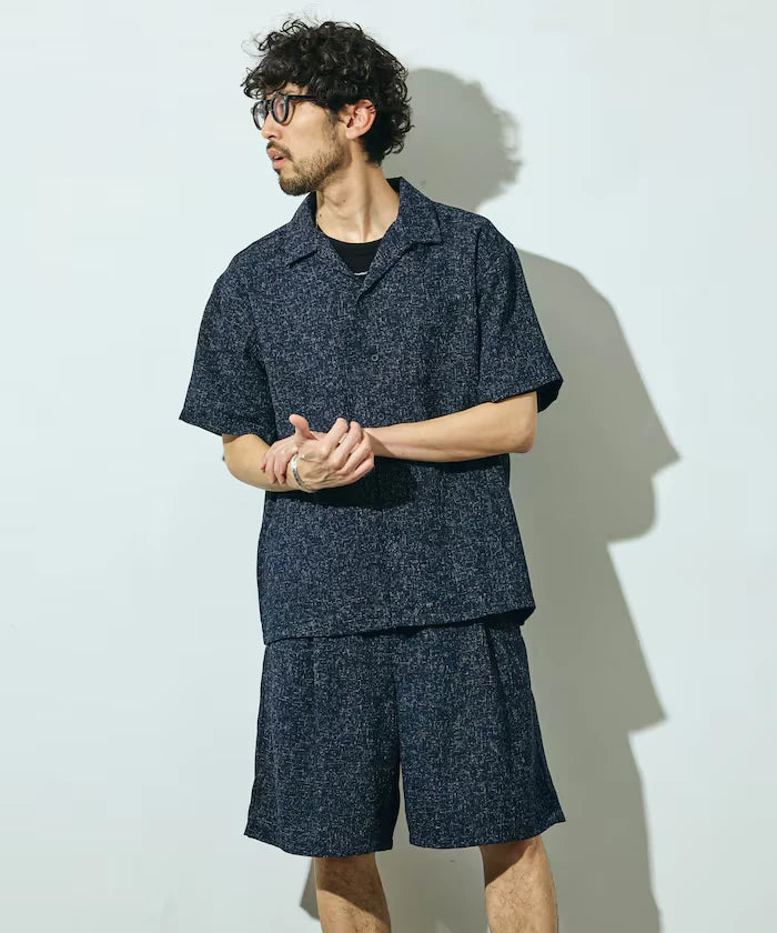 Dry Touch Summer Tweed Short Sleeve Open Collar Shirt