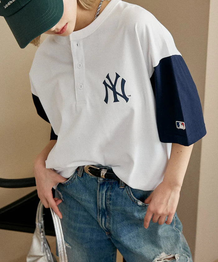 Limited Edition MLB Logo Print Henley Neck Oversized T-Shirt