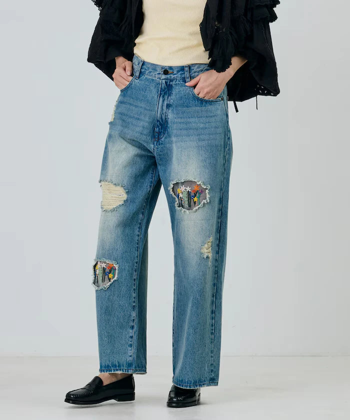Flower Embroidery Wide Denim