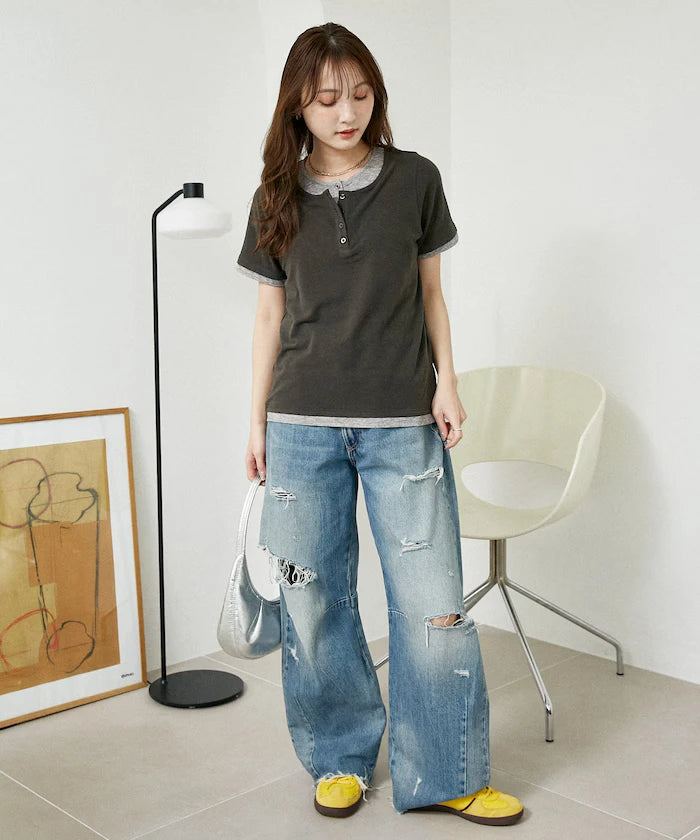 Layered-style Henley Neck T-shirt Limited Edition