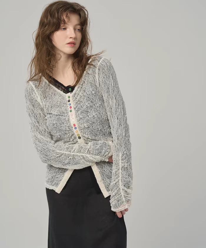 Many Button Lace Shirring Cardigan