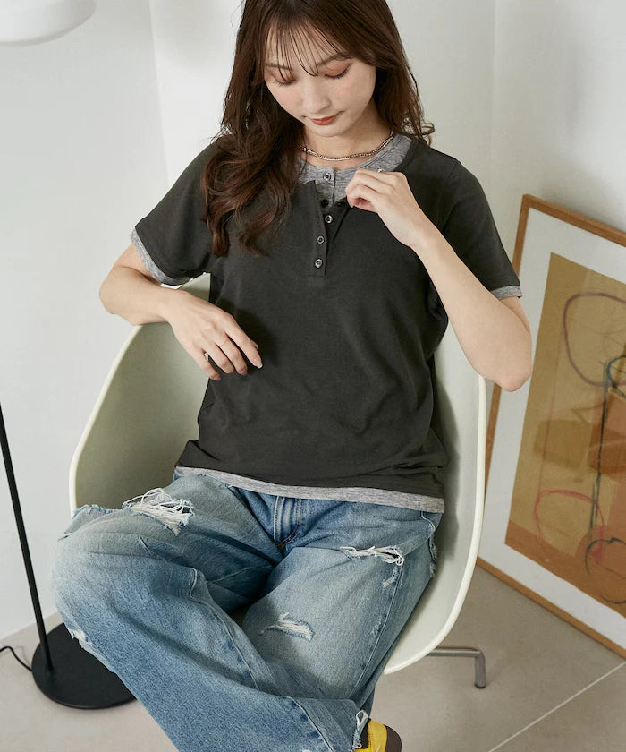 Layered-style Henley Neck T-shirt Limited Edition