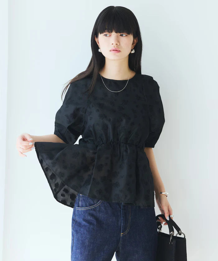 Flower Sheer Jacquard Volume Sleeve Peplum Blouse / 5 Minutes Sleeve