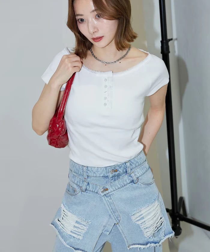 Collar Lace Contrast Henry Rib T-Shirt