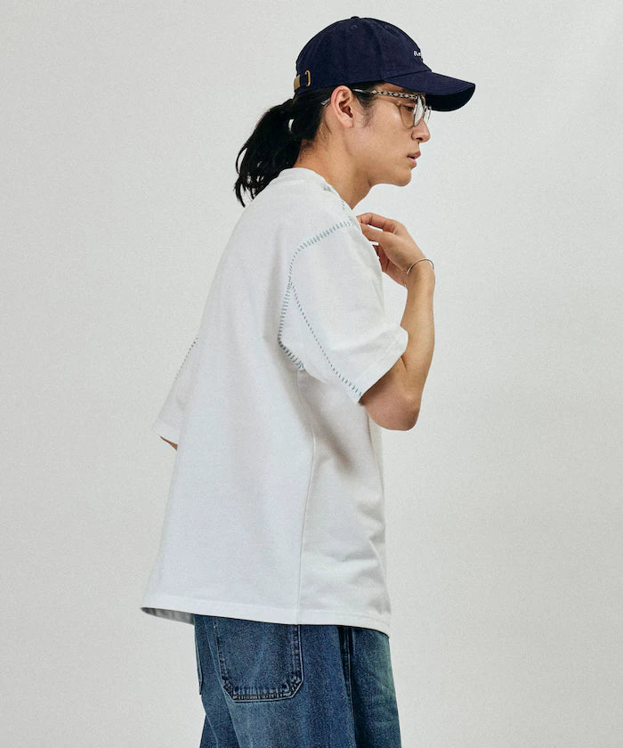 Box Silhouette Contrast Ladder Stitch Crew Neck T-Shirt