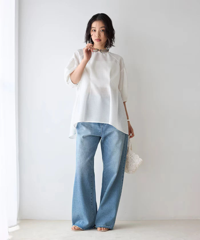 Sheer Check Balloon Sleeve Blouse