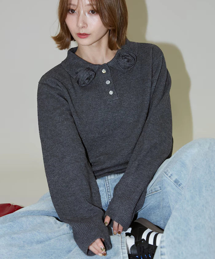 Polo knit pullover with flower motif - limited edition
