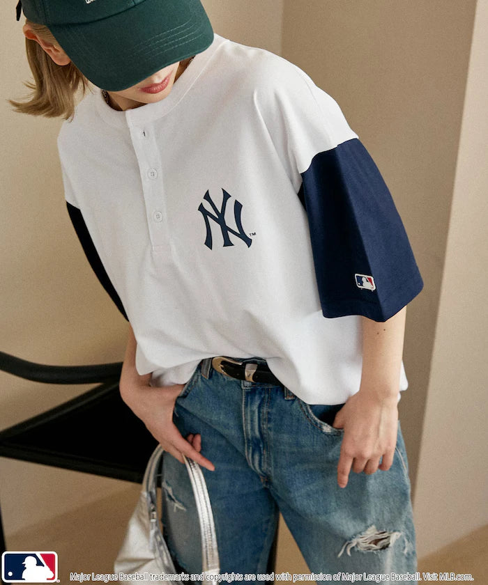 Limited Edition MLB Logo Print Henley Neck Oversized T-Shirt