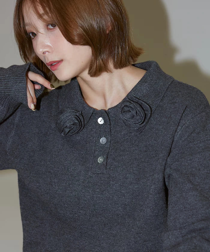 Polo knit pullover with flower motif - limited edition
