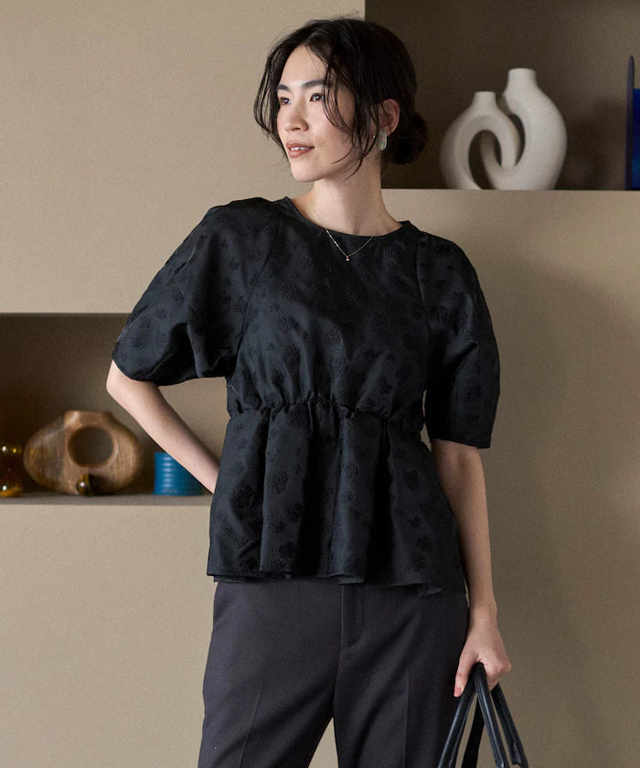 Flower Sheer Jacquard Volume Sleeve Peplum Blouse / 5 Minutes Sleeve