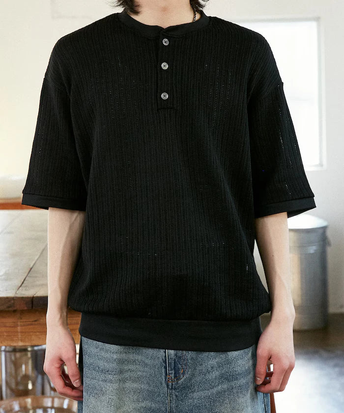 LOVE POP STUDIO Pattern Mesh Henley Neck T-Shirt Limited Release