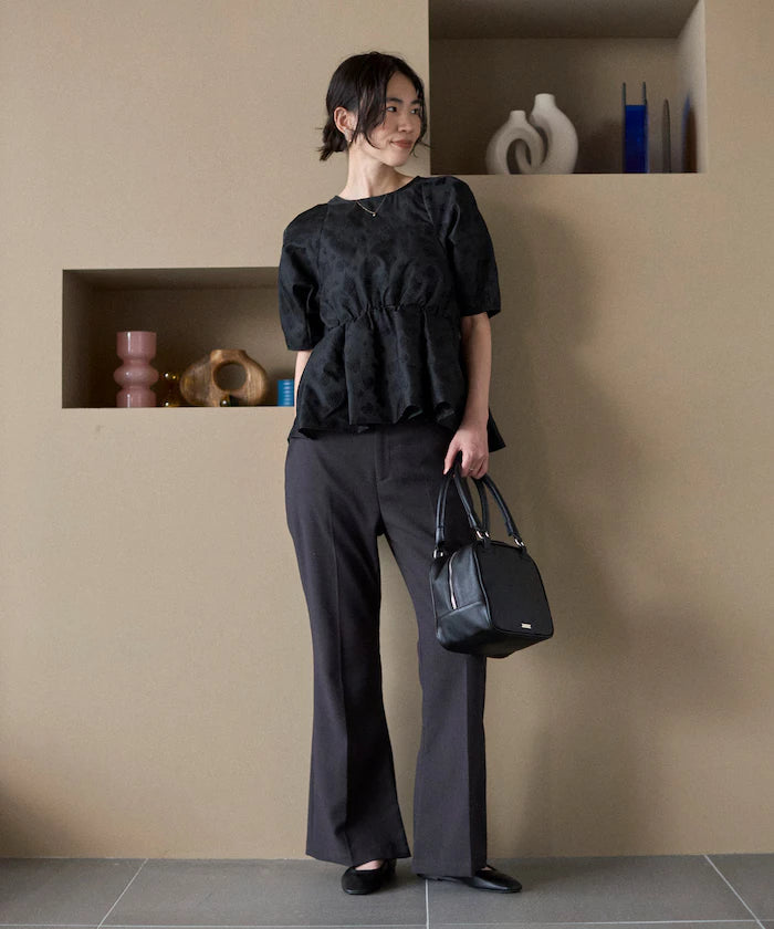 Flower Sheer Jacquard Volume Sleeve Peplum Blouse / 5 Minutes Sleeve