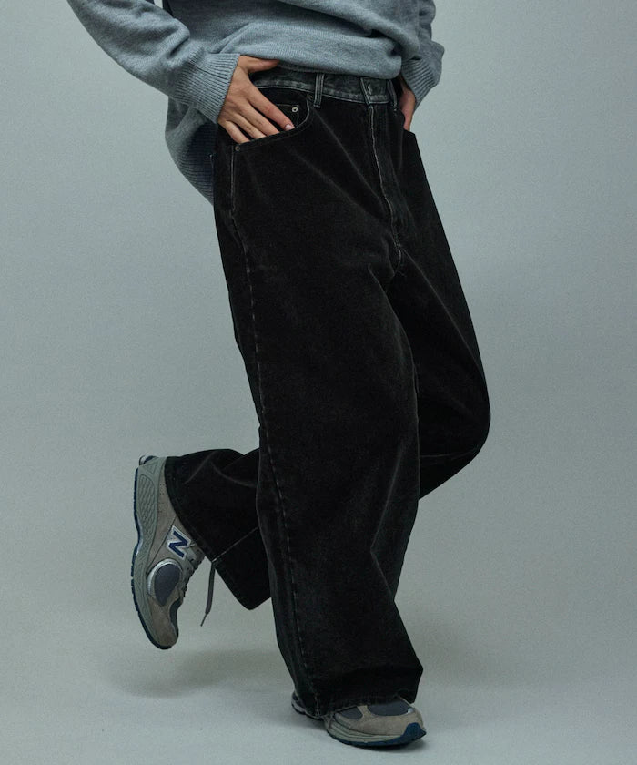 Flocked Denim Contrast Wide Straight Pants