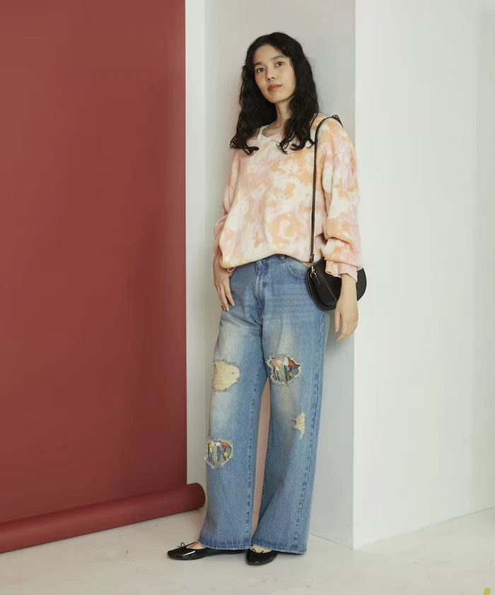 Flower Embroidery Wide Denim