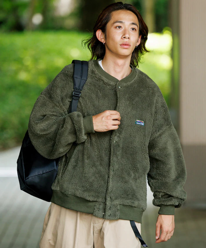 Relaxed Fit Shaggy Fleece Crew Neck Cardigan
