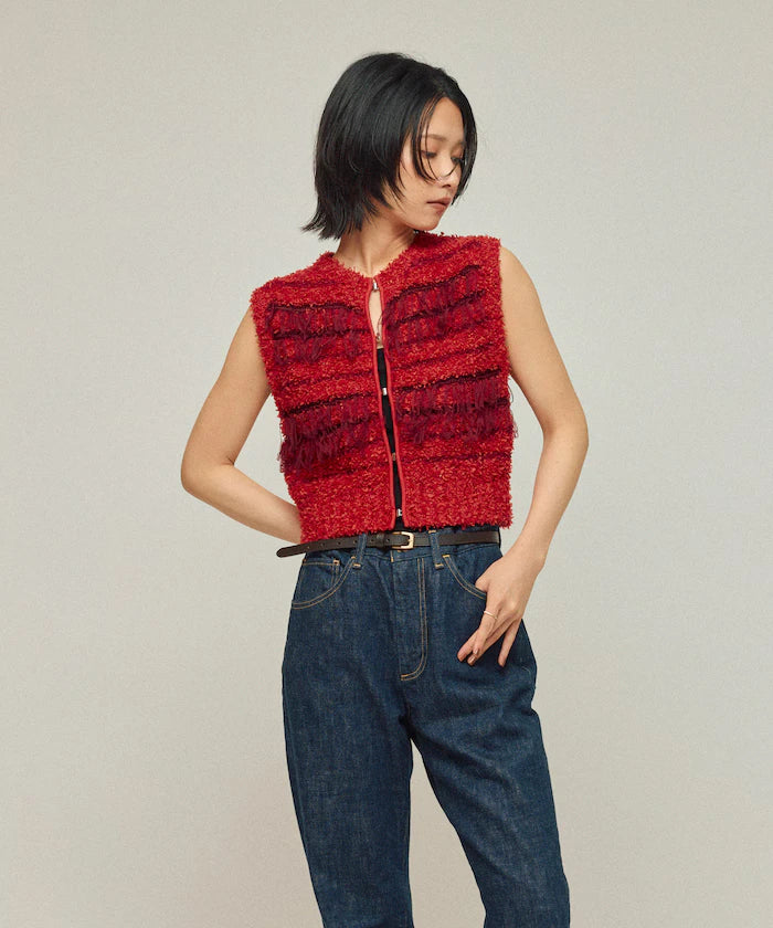 Mixed Material Fringe Knit Vest / Striped Knit Gilet