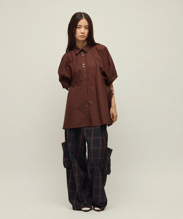 Switching Design Balloon Sleeve Shirt / 5-Minute Sleeve Blouse