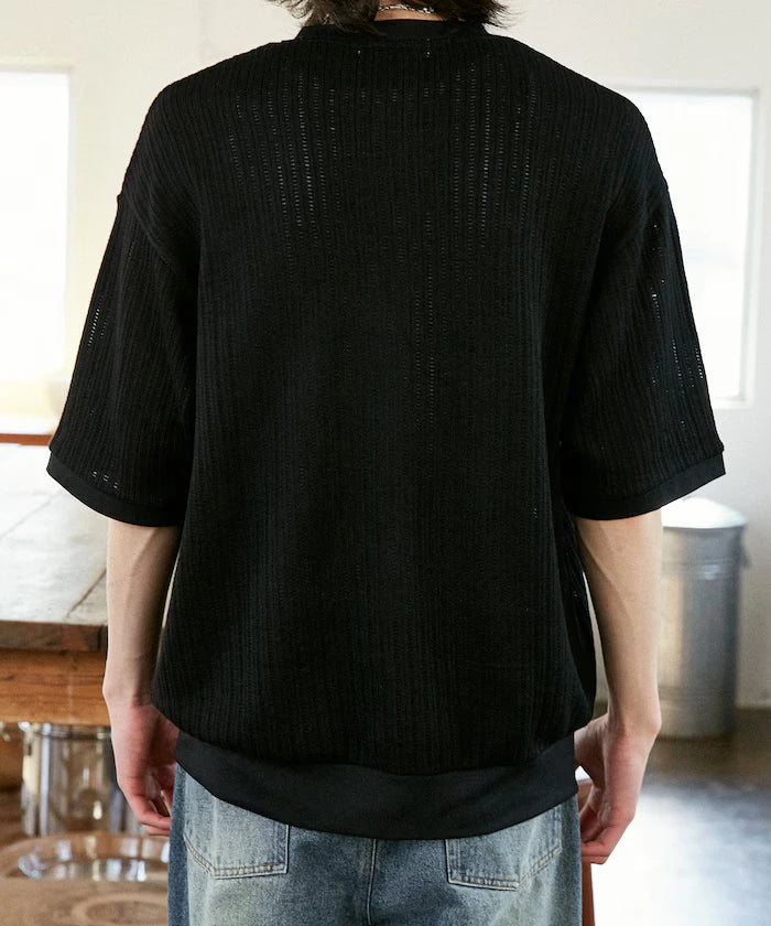 LOVE POP STUDIO Pattern Mesh Henley Neck T-Shirt Limited Release