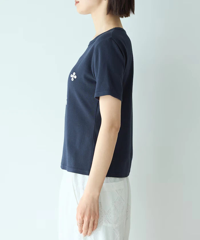 Shell Button Flower Motif Cotton Modal T-Shirt