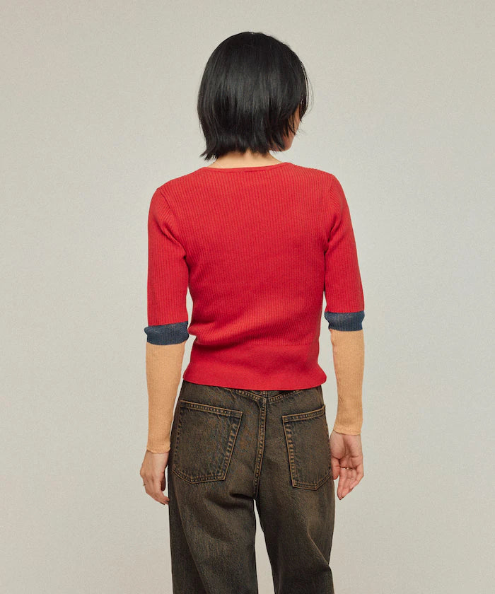 Functional material silk blend color block knit pullover / anti-pill / machine washable