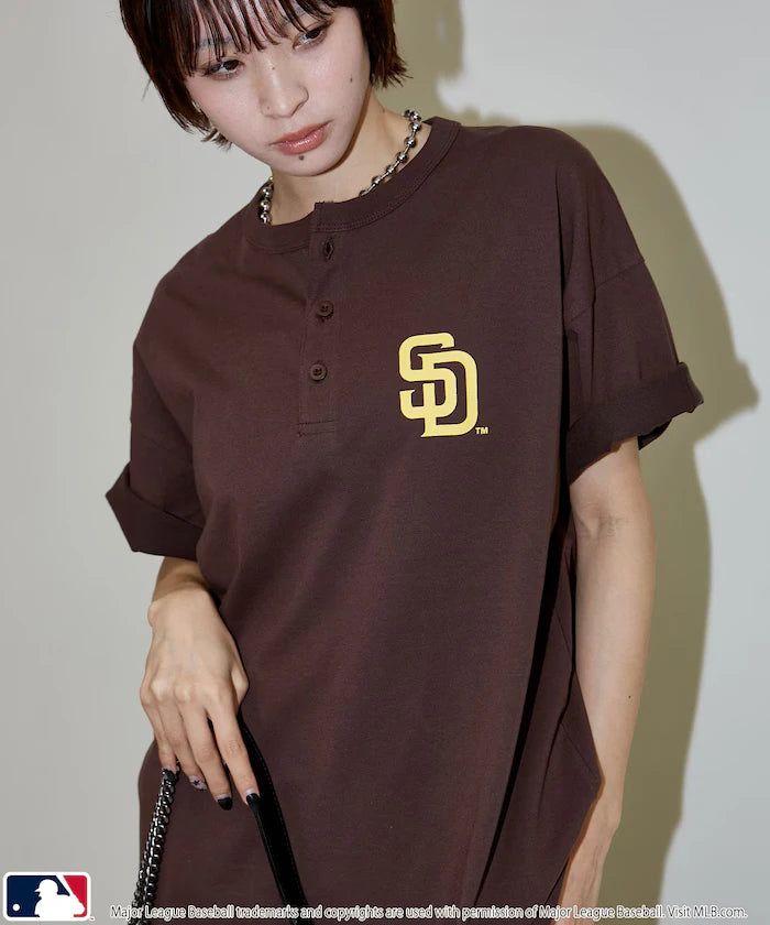Limited Edition MLB Logo Print Henley Neck Oversized T-Shirt