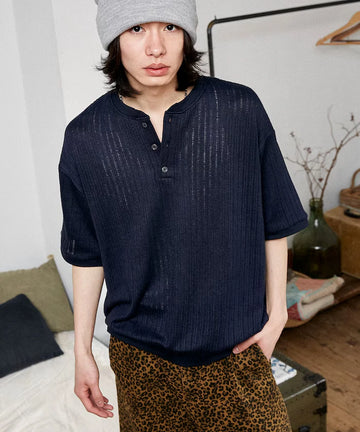 LOVE POP STUDIO Pattern Mesh Henley Neck T-Shirt Limited Release