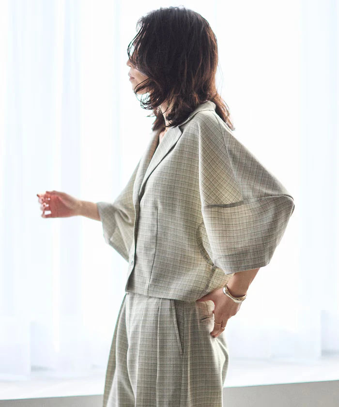 Collar Check Balloon Sleeve Shirt / Compatible with Setup