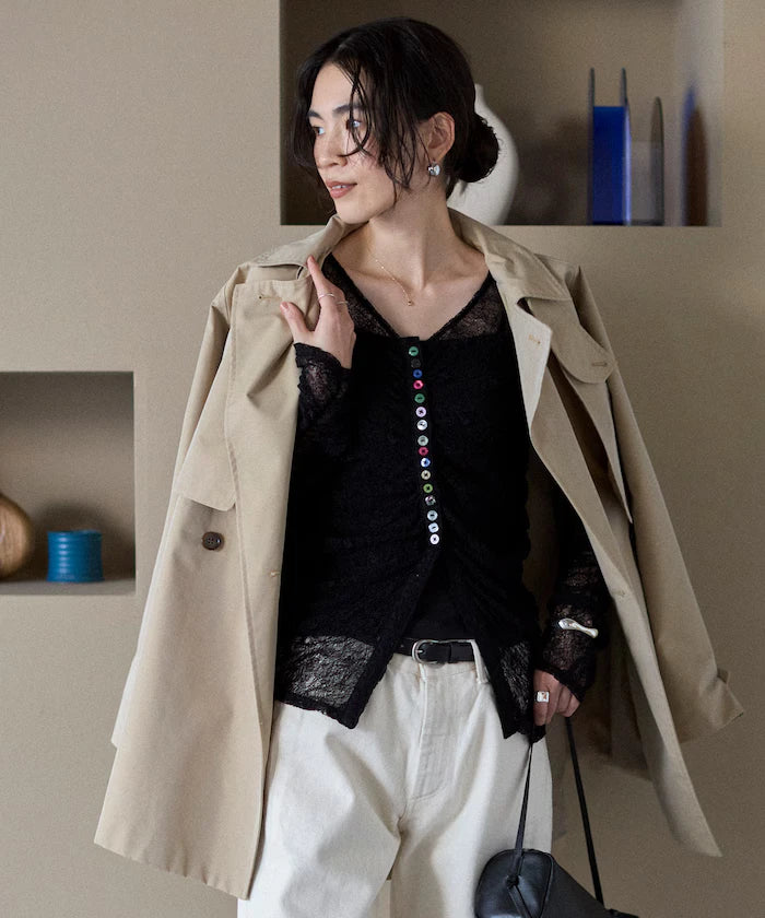 Many Button Lace Shirring Cardigan