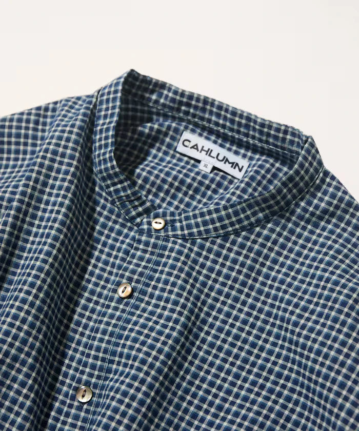 Indigo Madras Check Pullover Stand Collar Shirt