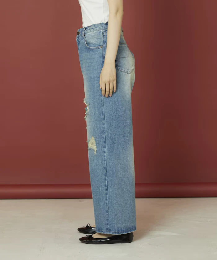 Flower Embroidery Wide Denim