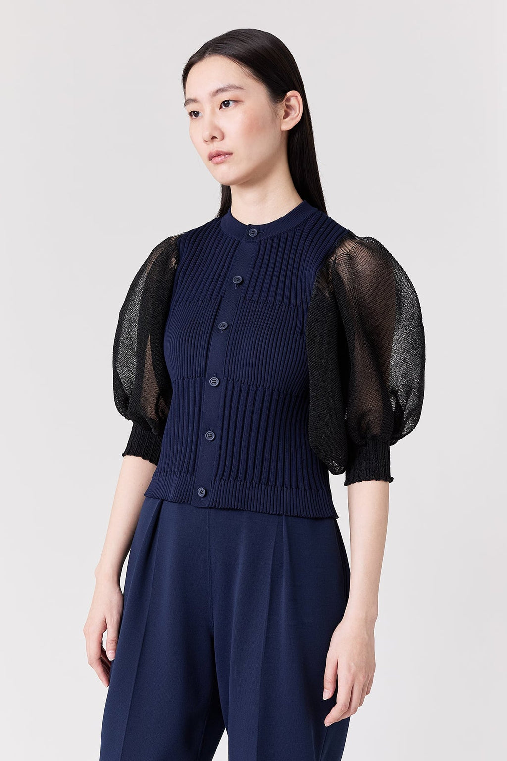 FLUTED LUCENT PUFF SLEEVE CARDIGAN