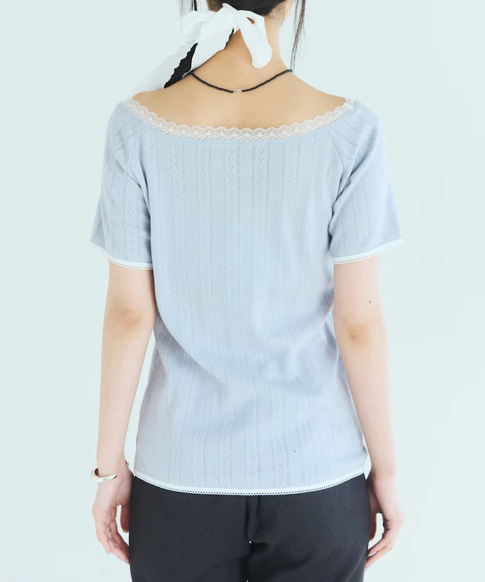 Boat Neck Pullover Knit Lace T-Shirt
