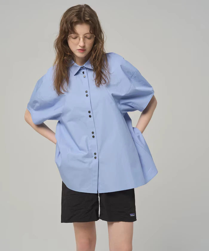 Switching Design Balloon Sleeve Shirt / 5-Minute Sleeve Blouse