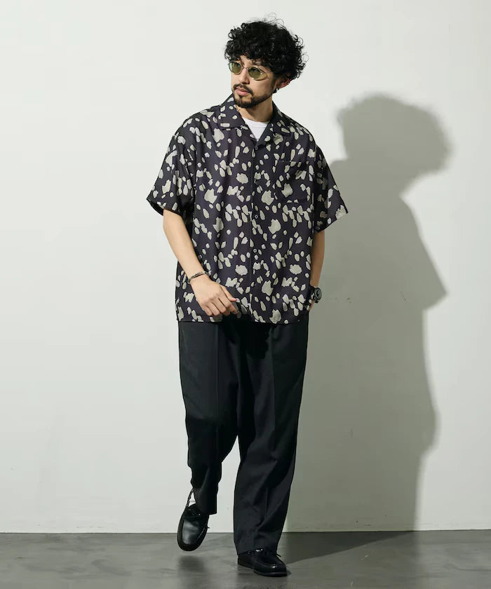 Mesh Open Collar Pattern Short Sleeve Shirt / Allover Design Open Collar Shirt / Big Silhouette