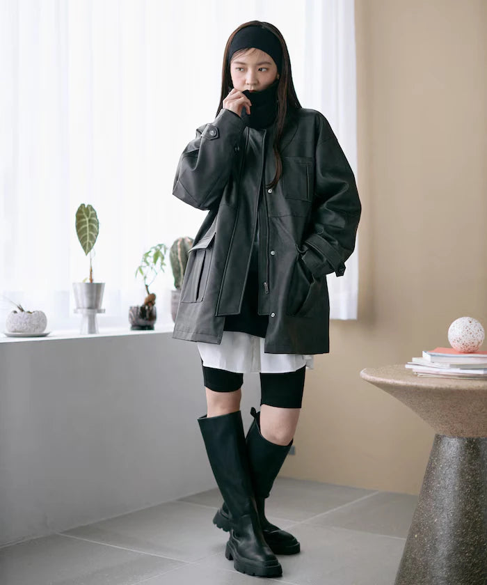 Oversized Crush Leatherette Jacket / Collar Corduroy