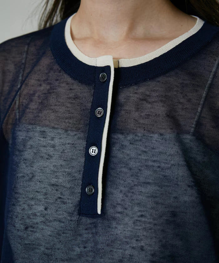 Washable linen color block henley neck knit top limited release